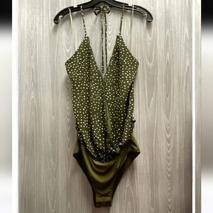 Escape by Blu Pepper Olive Green  White Polka Dot Surplice Front Bodysuit Size L